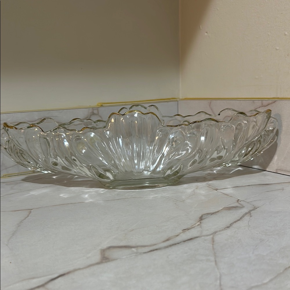 Large oval glass dish with gold etching